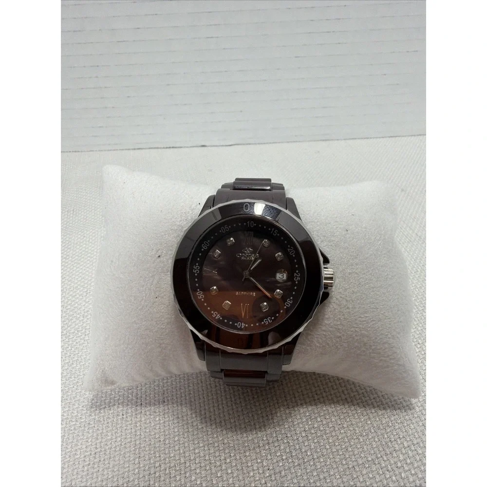 Oniss Paris Womens Watch Chocolate Ceramic Gemmed Date Sapphire Crystal